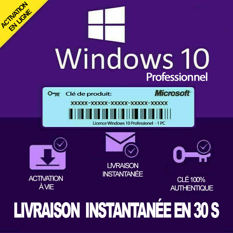 Windows 10 Professionnel | Clé d'Activation à vie, et en ligne |  1 PC