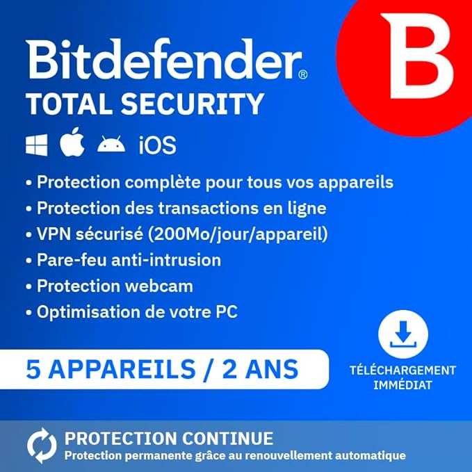 Bitdefender Total Security 2025 – 5 Appareils – 2 Ans