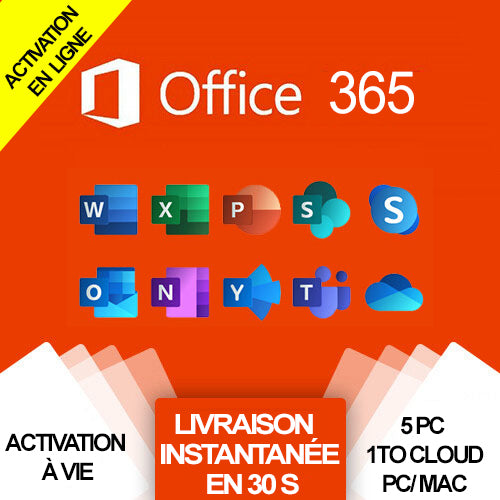 Microsoft Office 365 - Validité 6-12 mois  pour 5 Appareils  / 5 To Cloud /PC/ MAC/iOS/Android